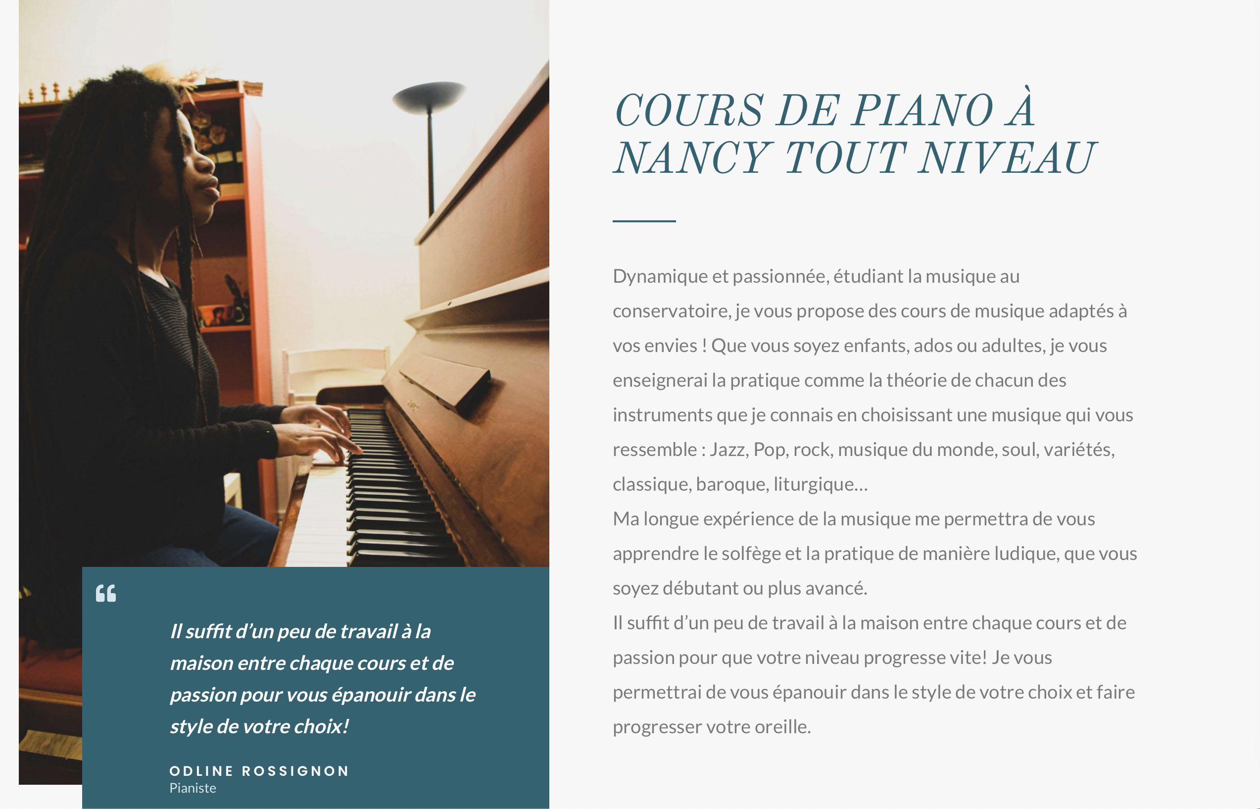 Site vitrine pour Odline Rossignon, professeur de piano
